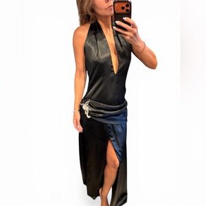 Deep V plunge neck Satin Black Halter Gown drop waist sash with brooch small